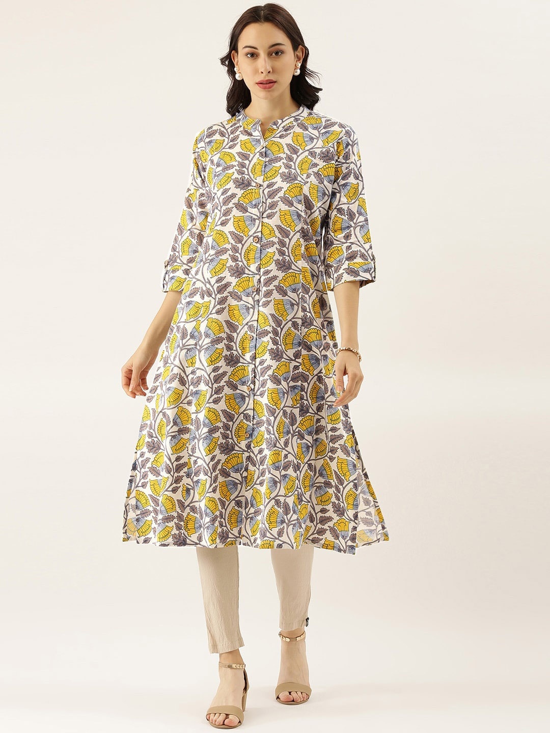 

KALINI Floral Printed Mandarin Collar Roll-Up Sleeves A-Line Cotton Kurta, Yellow