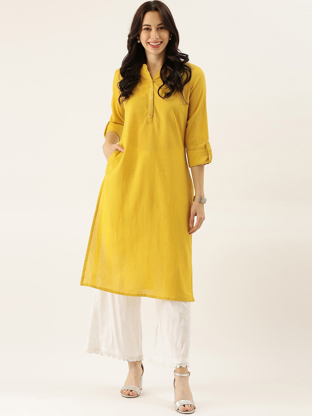 

KALINI Mandarin Collar Roll-Up Sleeves Cotton Straight Kurta, Yellow