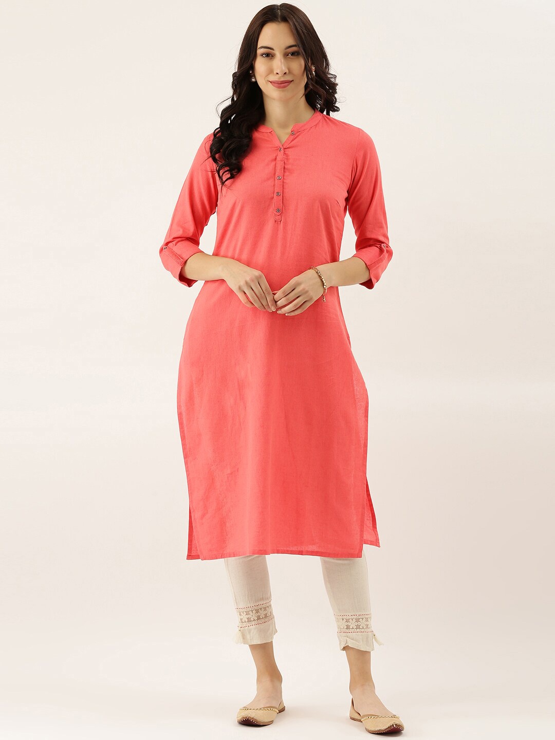 

KALINI Mandarin Collar Roll-Up Sleeves Cotton Straight Kurta, Pink