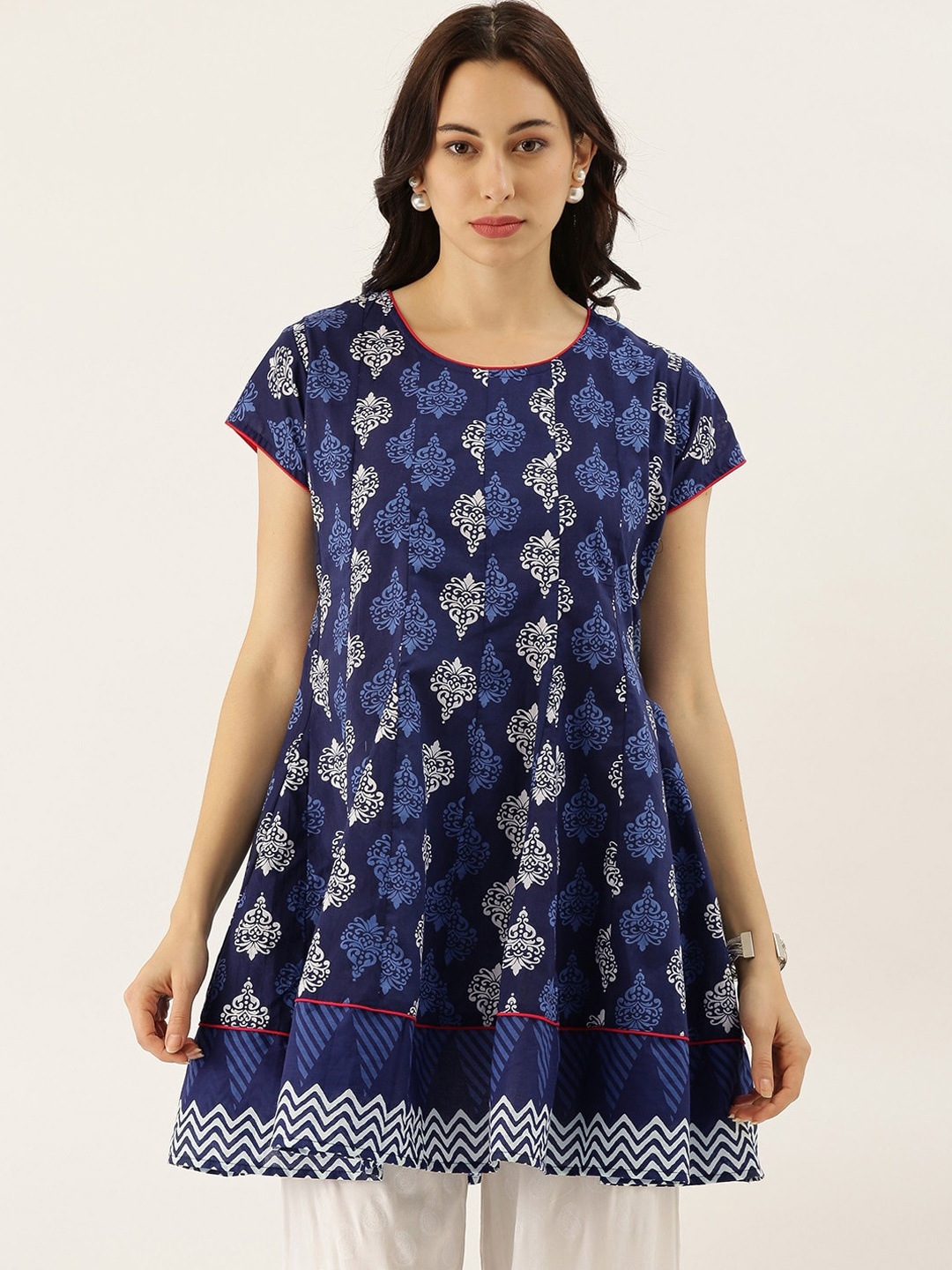 

KALINI Ethnic Motifs Printed Panelled Cotton A-Line Kurta, Navy blue