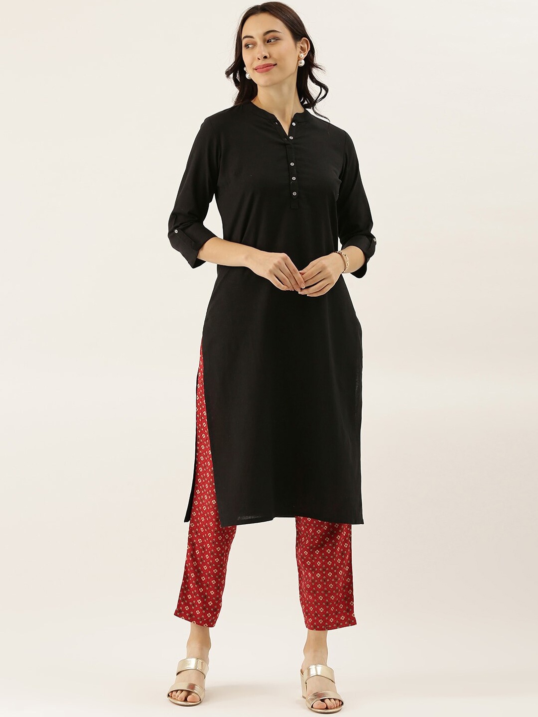 

KALINI Mandarin Collar Roll-Up Sleeves Cotton Straight Kurta, Black