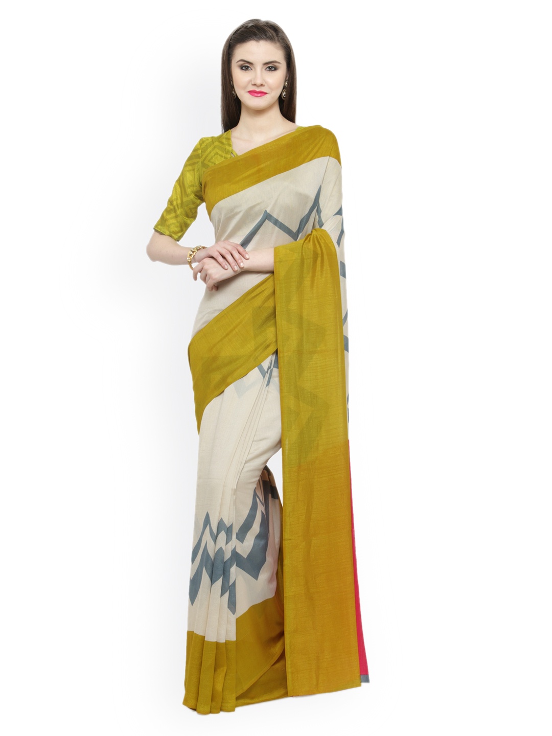 

Shaily Off-White & Mustard Silk Cotton Printed Saree