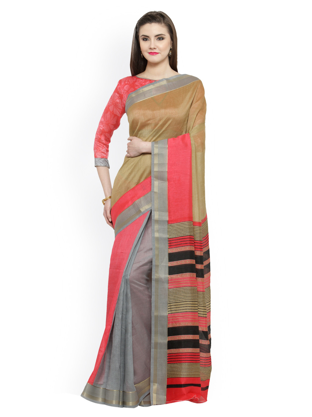 

Shaily Beige & Pink Silk Cotton Printed Saree