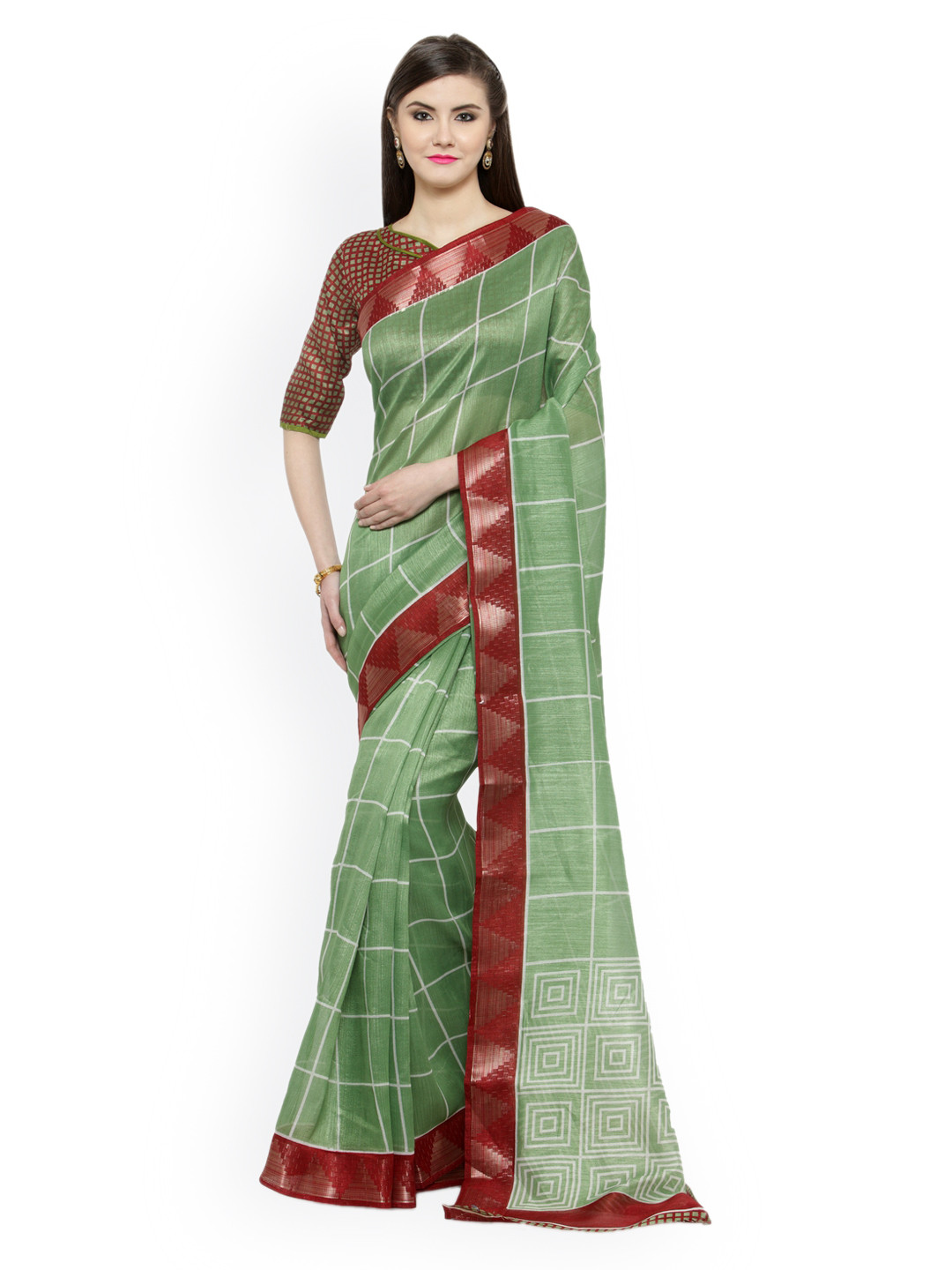 

Shaily Green & Maroon Silk Cotton Printed Saree