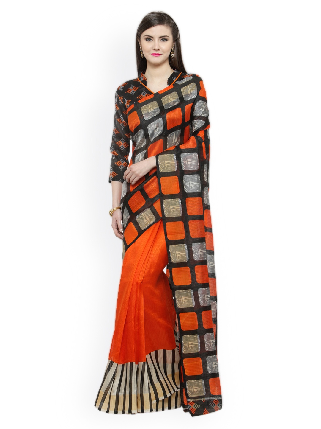 

Shaily Orange & Black Silk Cotton Printed Saree