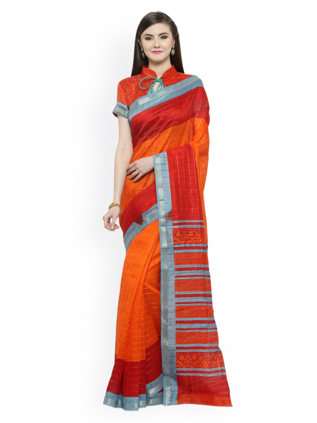 

Shaily Orange & Red Silk Cotton Printed Saree