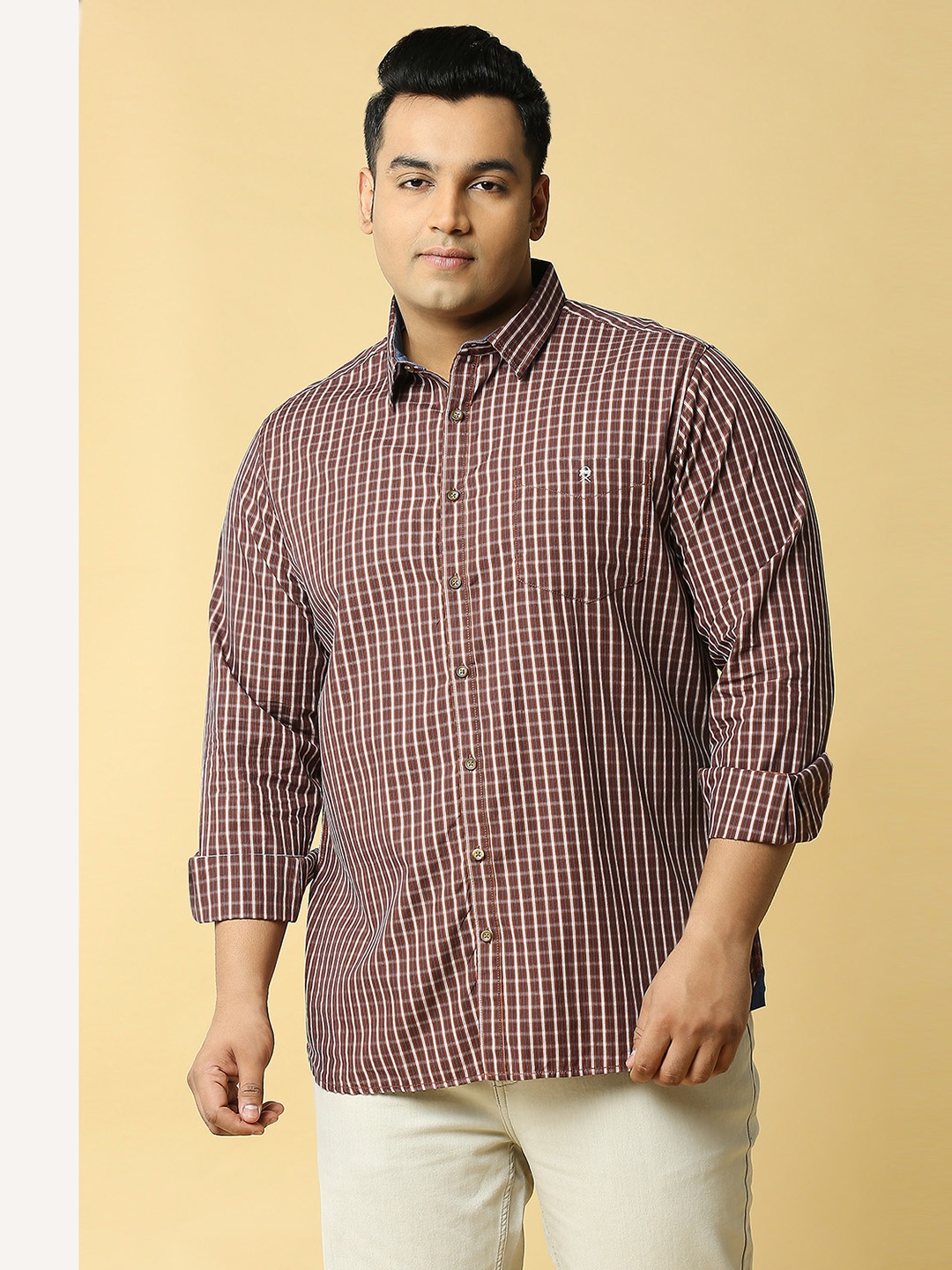 Thomas Scott Plus Size Premium Slim Fit Tartan Checked Pure Cotton Casual Shirt, Brown