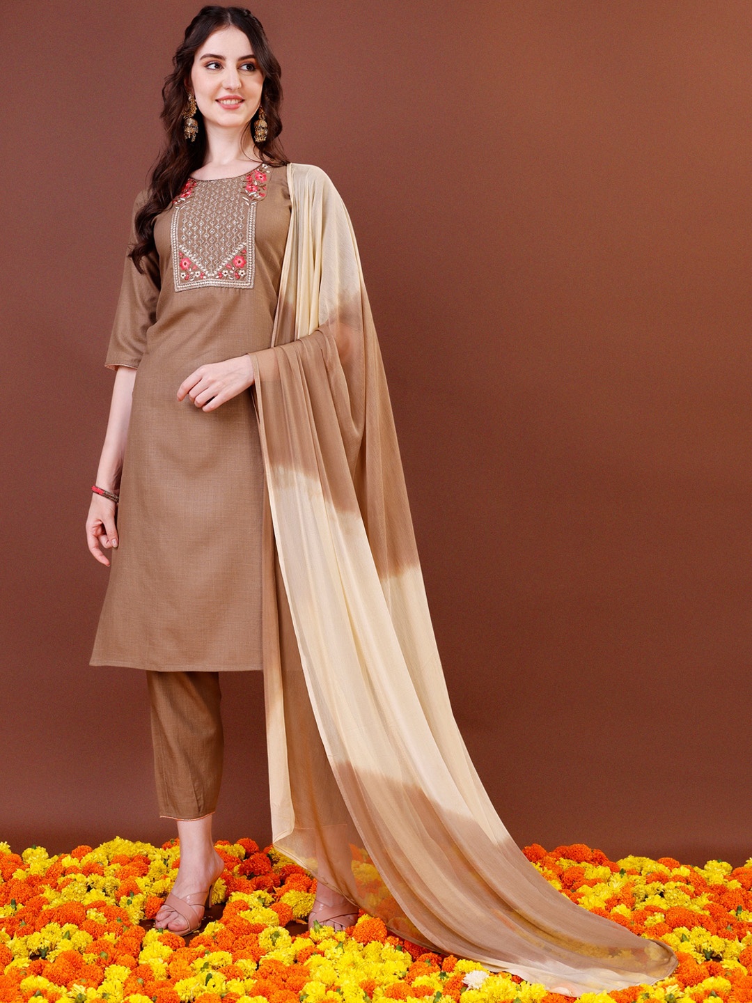 

KALINI Floral Yoke Design Embroidered Straight Kurta With Trousers & Dupatta, Beige
