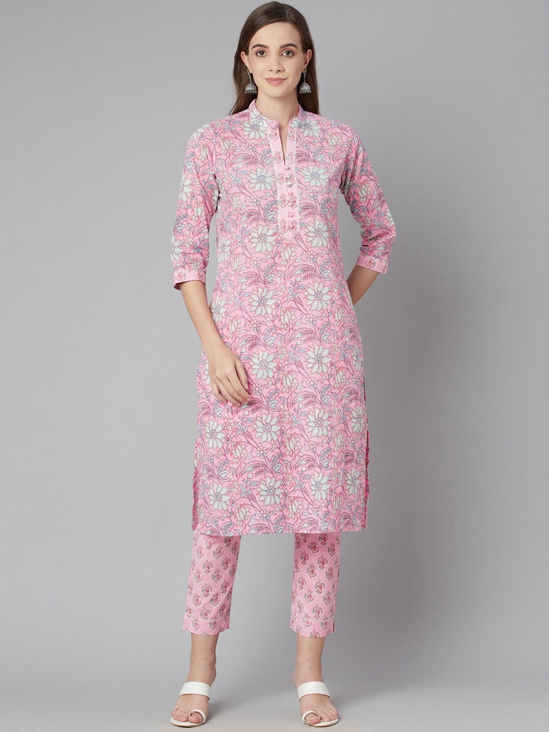 

KALINI Floral Printed Mandarin Collar Gotta Patti Pure Cotton Kurta with Trousers, Pink