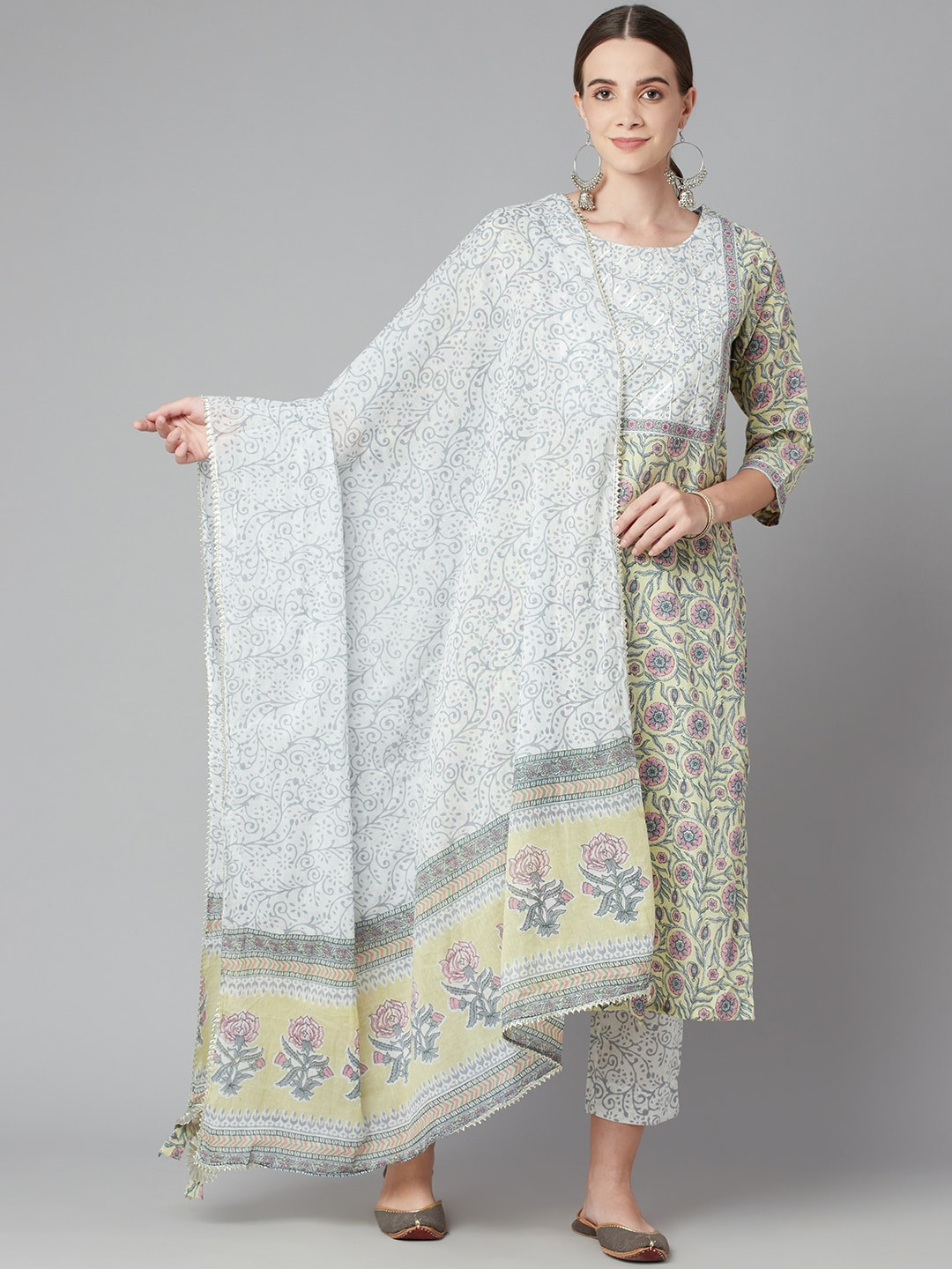 

KALINI Floral Printed Gotta Patti Pure Cotton Kurta With Trousers & Dupatta, Yellow