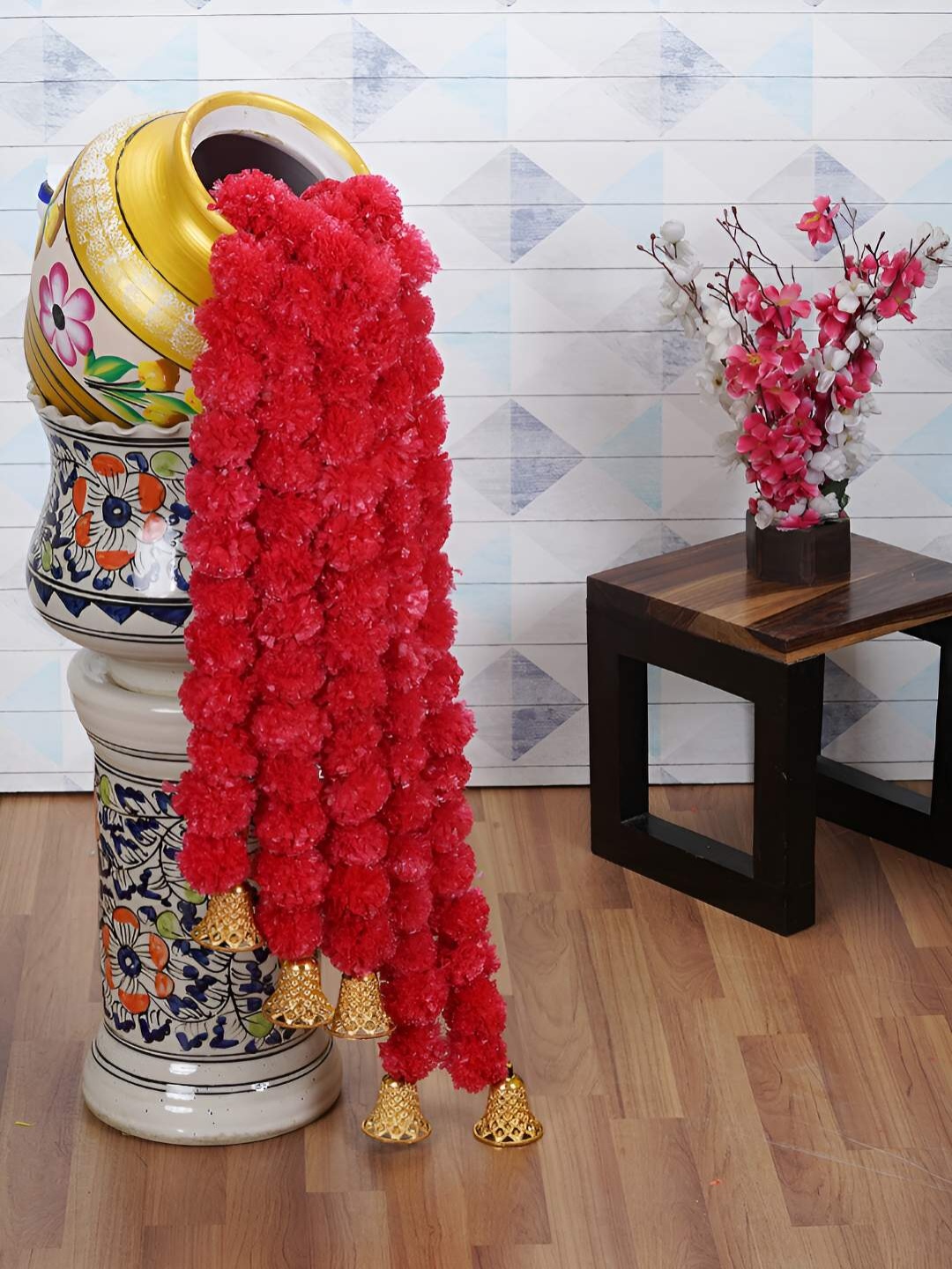 

Dekorly 5 Pieces Red & Gold Toned Marigold Garland Artificial Flowers with Bells