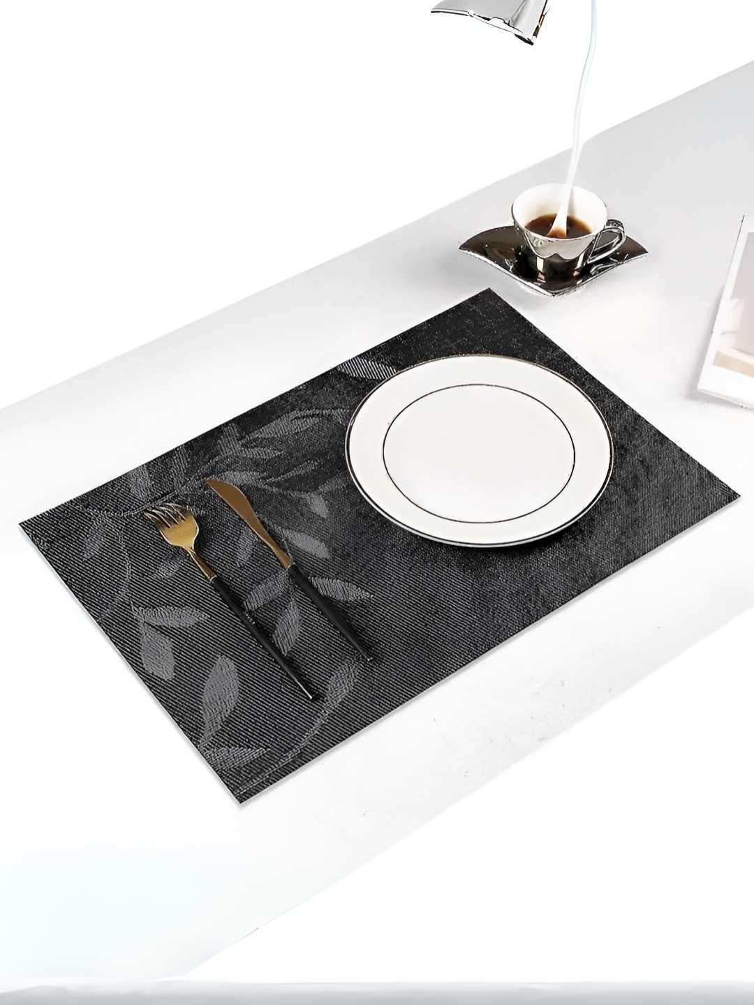 

YELONA Black & Grey 10 Pieces Floral Anti-Slip Rectangular Table Placemats