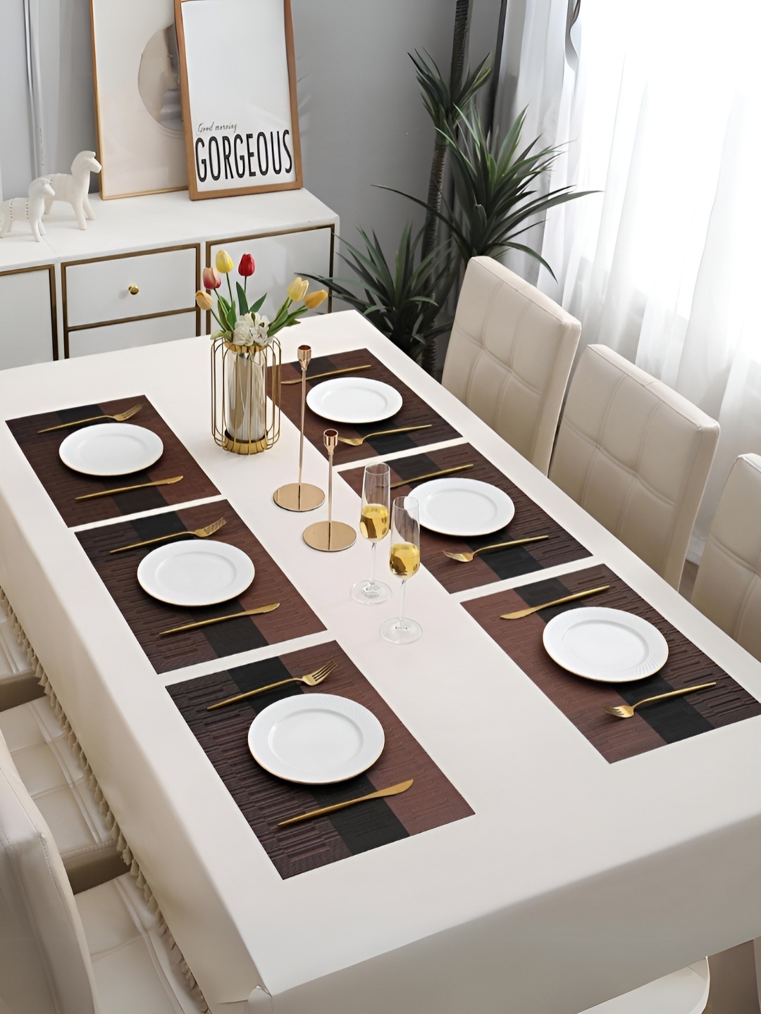 

YELONA Brown 8 Pieces Striped Anti-Slip Rectangular Table Placemats