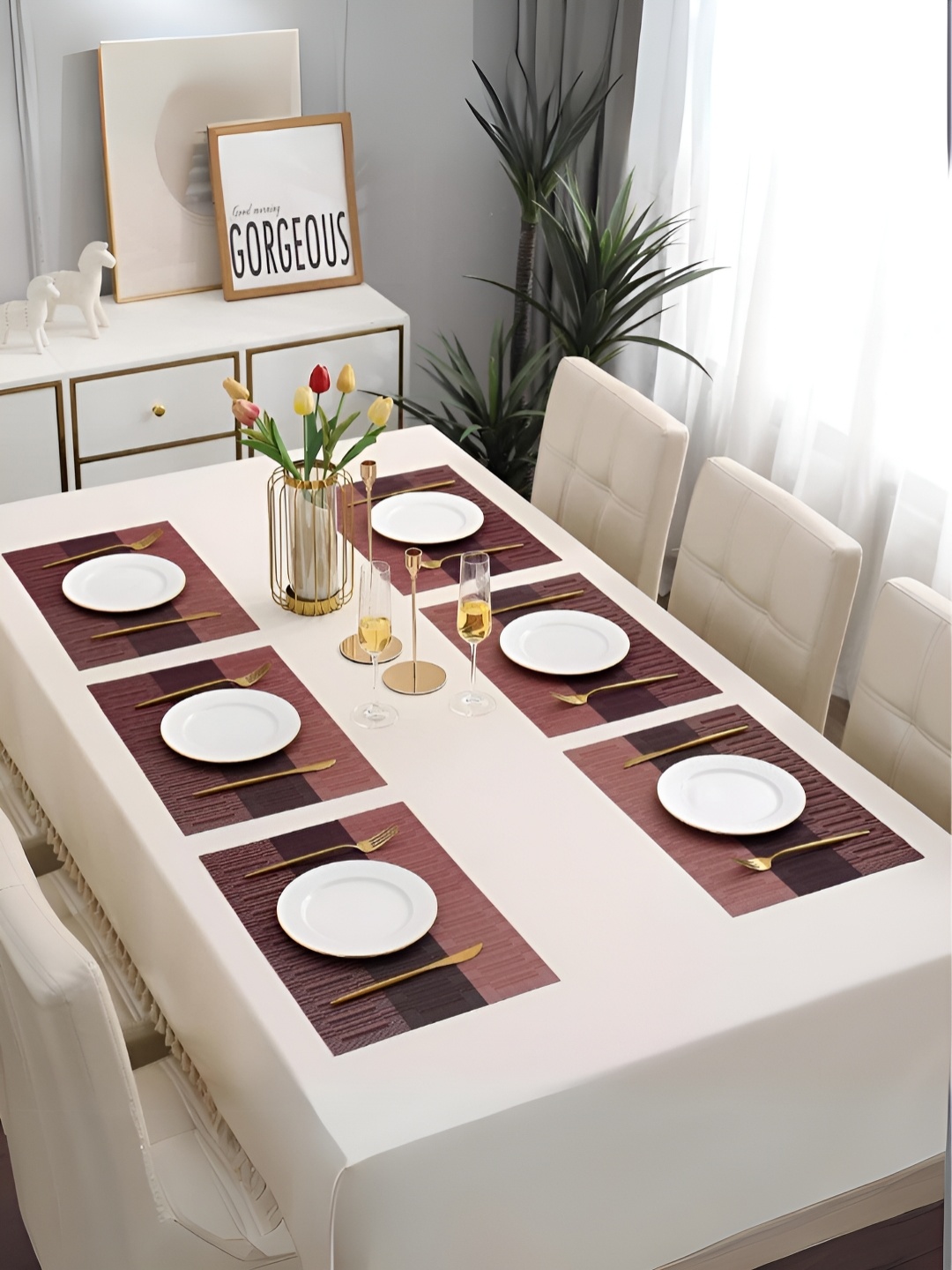 

YELONA Peach Coloured & Black 6 Pieces Printed Anti-Slip Table Placemats