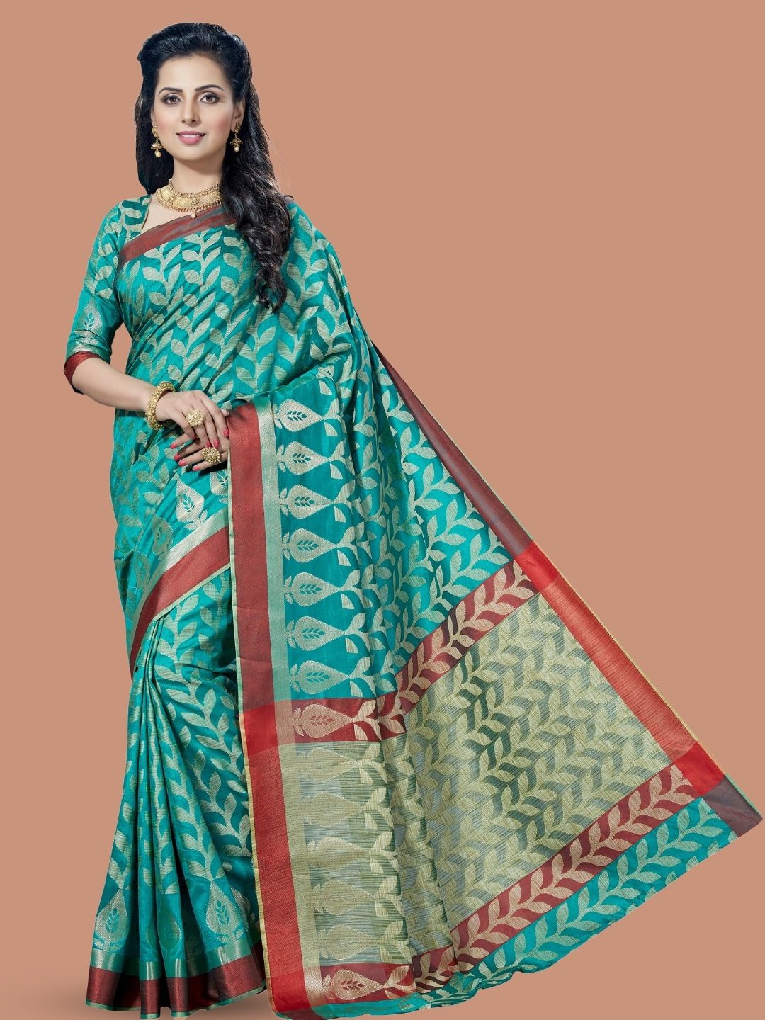 

MAGMINA Ethnic Motifs Woven Design Kanjeevaram Saree, Turquoise blue