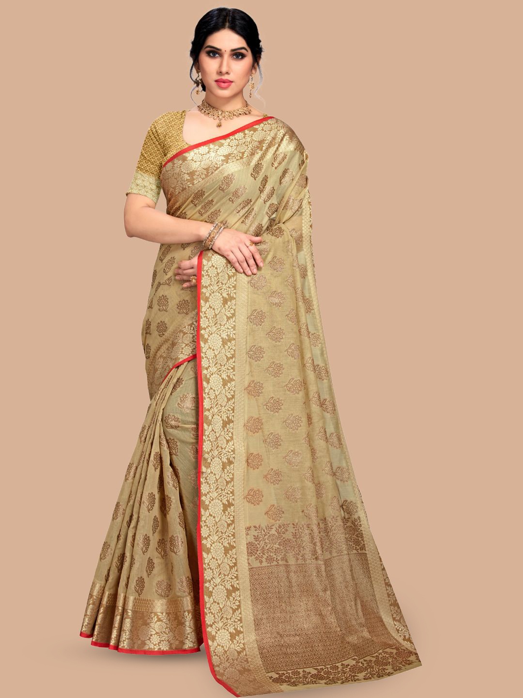 

MAGMINA Floral Woven Design Banarasi Saree, Beige