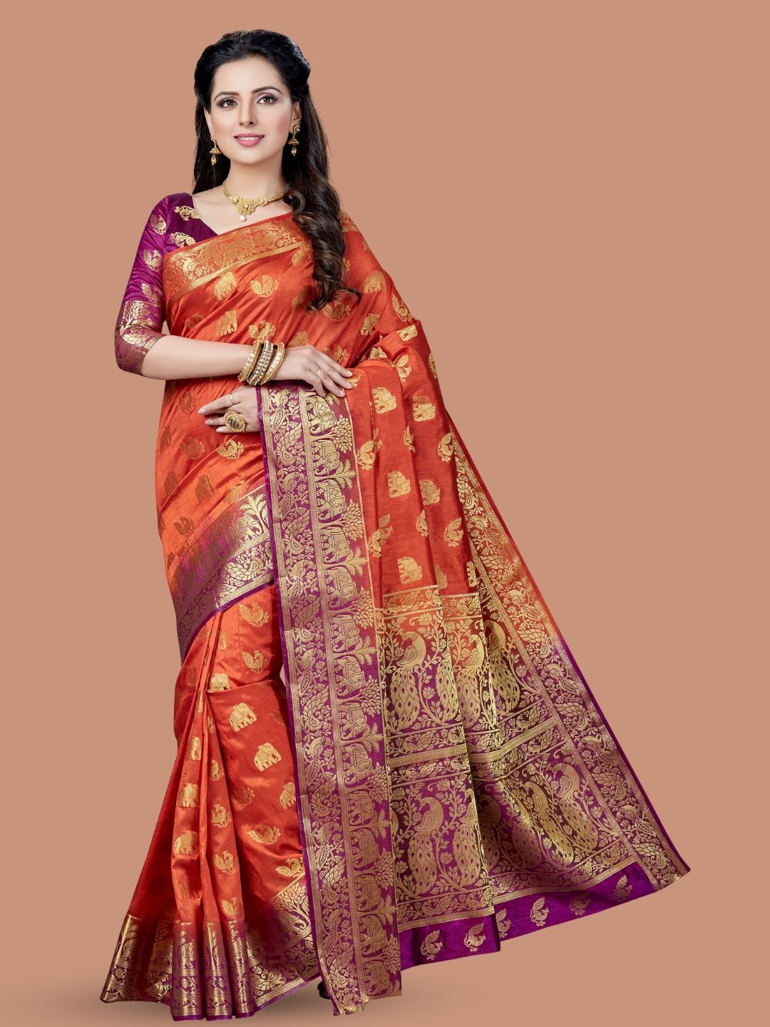 

MAGMINA Floral Woven Design Kanjeevaram Saree, Orange