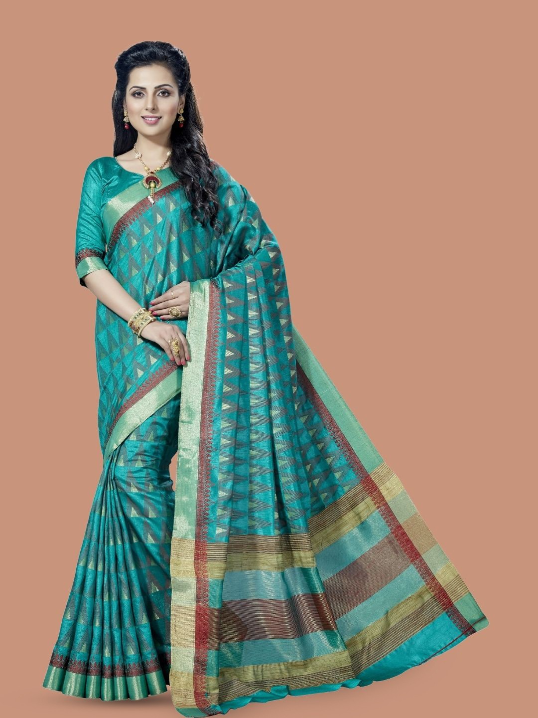 

MAGMINA Ethnic Motif Woven Design Kanjeevaram Saree, Turquoise blue