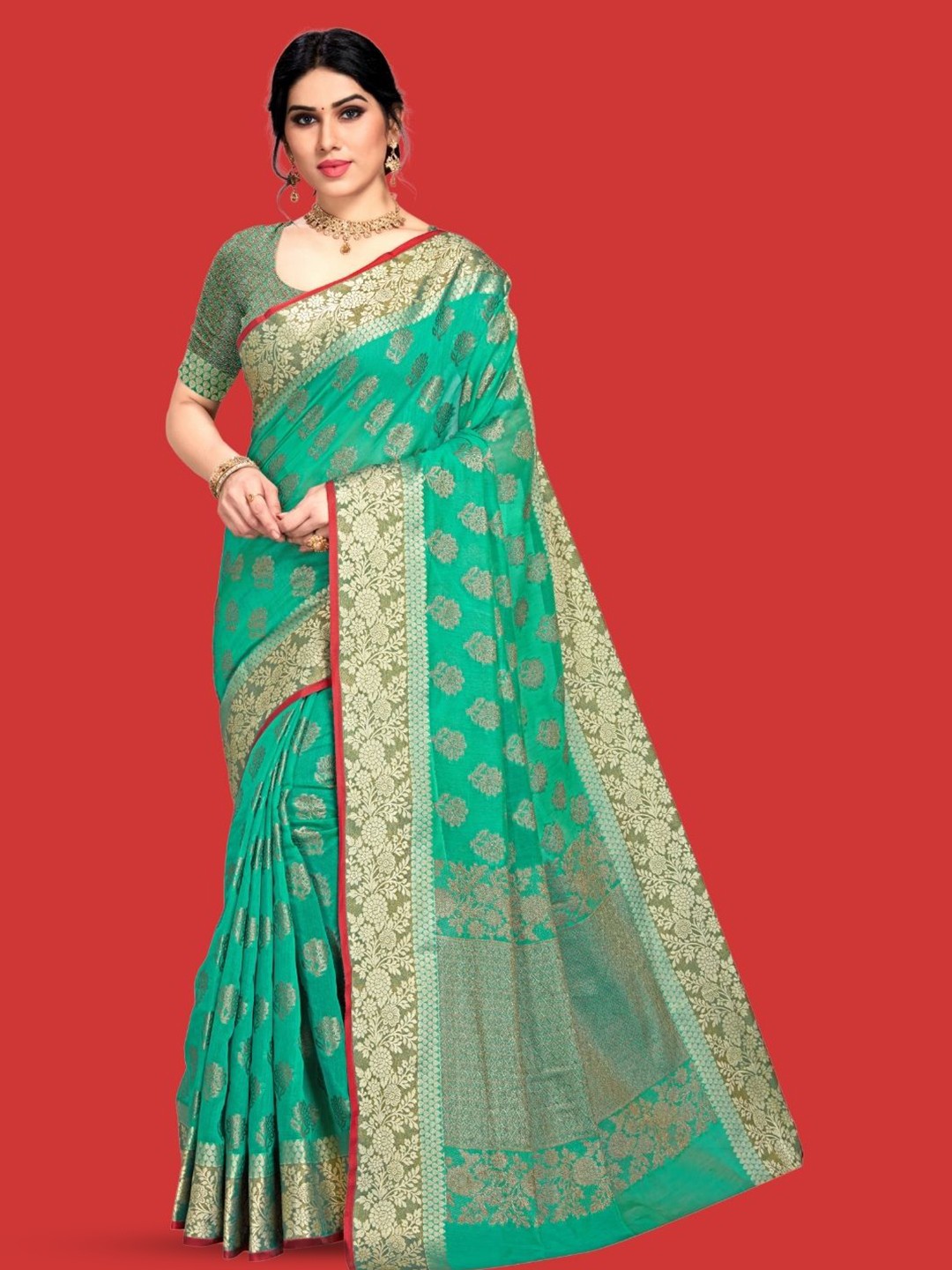 

MAGMINA Ethnic Motifs Woven Design Saree, Sea green