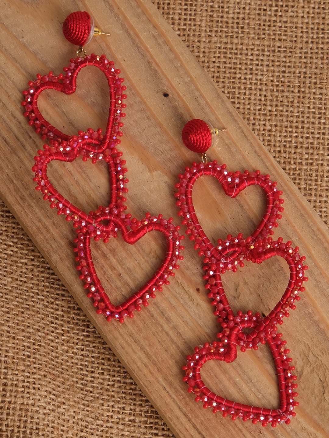 

XPNSV Beaded Heart-Shaped Drop Earrings, Red