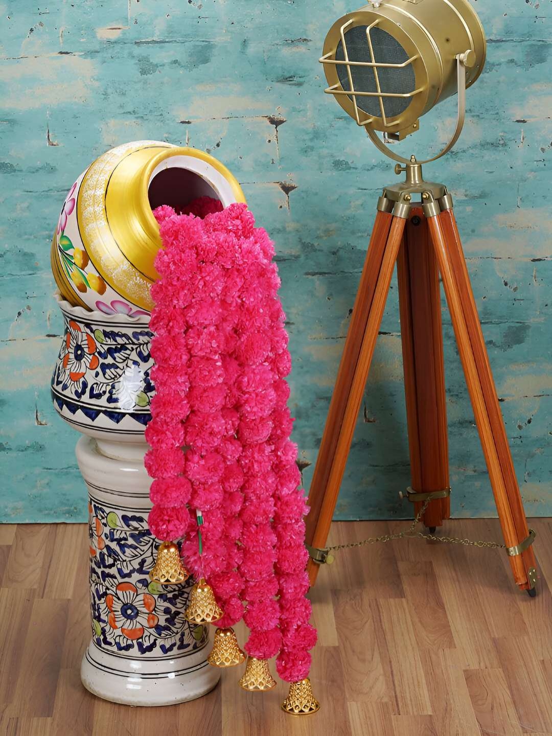 

Dekorly Pink 5 Pieces Marigold Artificial Flower Garland with Golden Bells