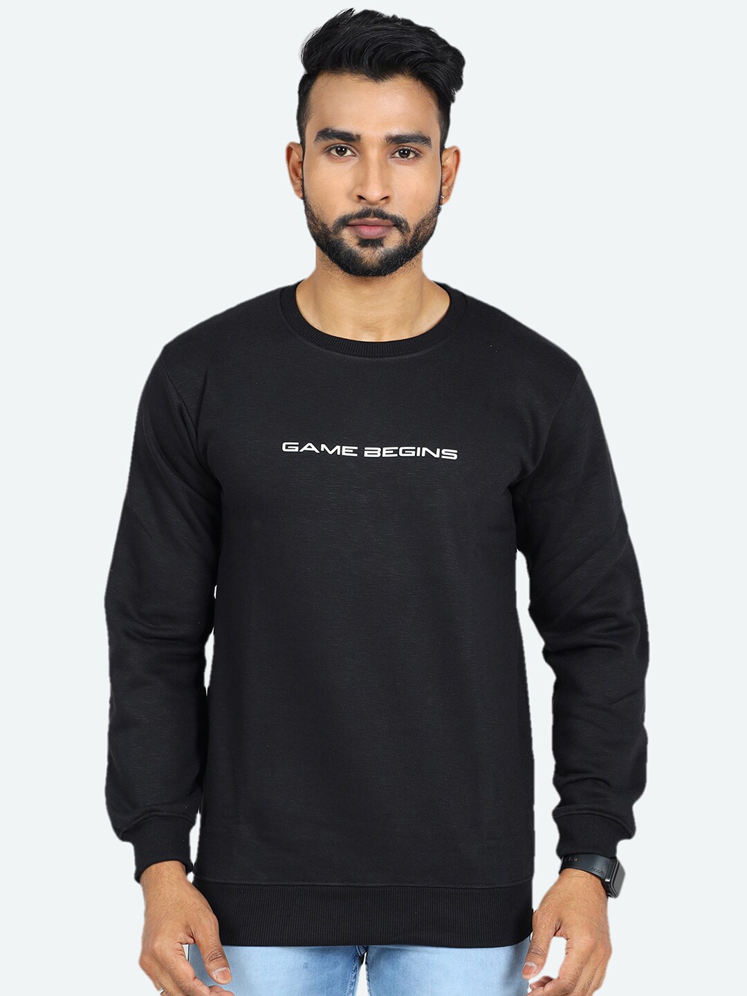 

GAME BEGINS Typography Printed Pullover Sweatshirt, Black