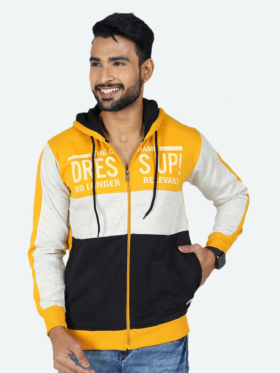 

GAME BEGINS Colourblocked Hooded Front-Open Sweatshirt, Yellow