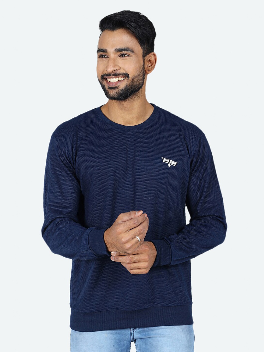 

GAME BEGINS Long Sleeves Pullover Jacquard Sweater, Navy blue