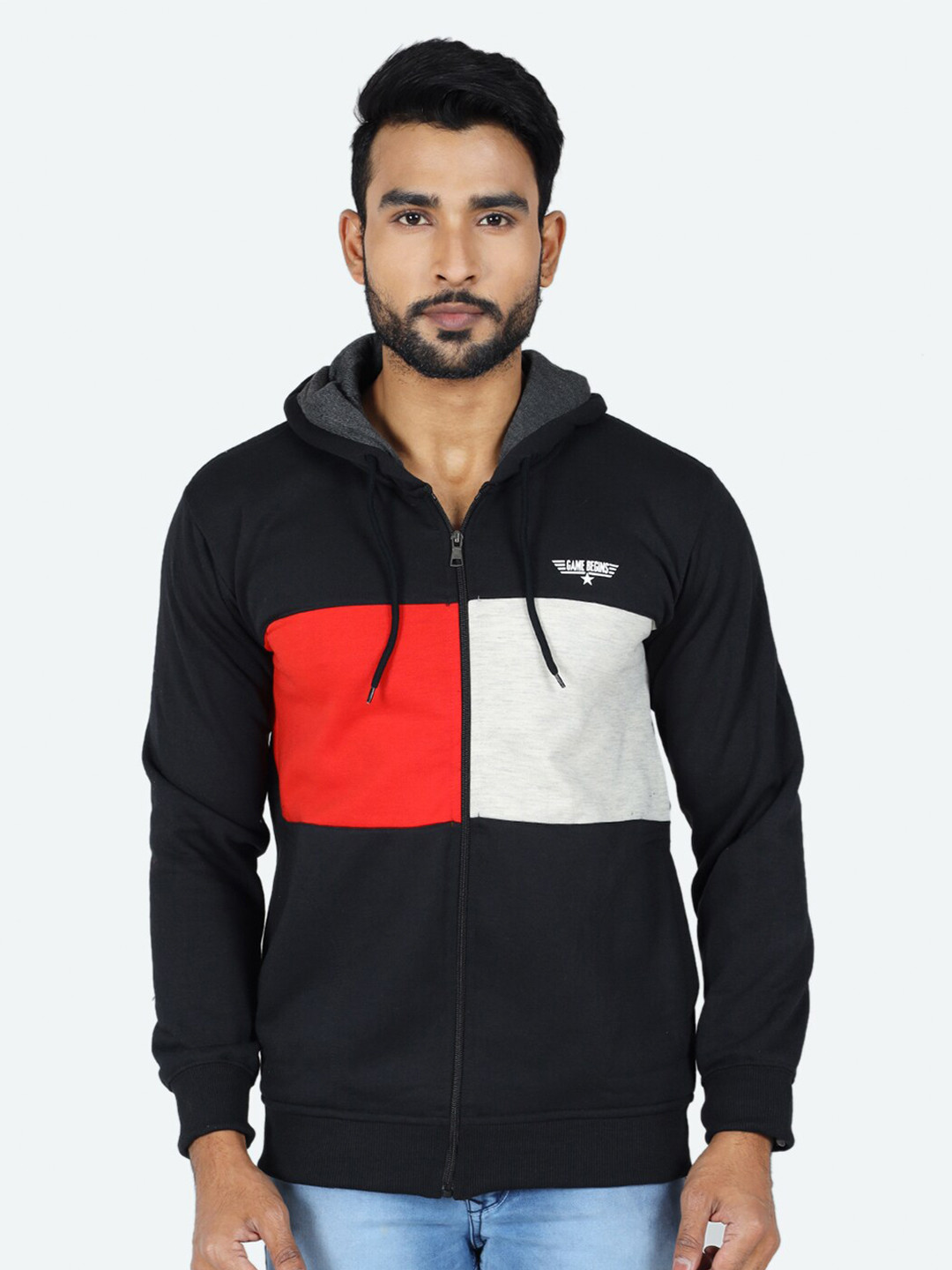 

GAME BEGINS Colourblocked Hooded Front-Open Sweatshirt, Black