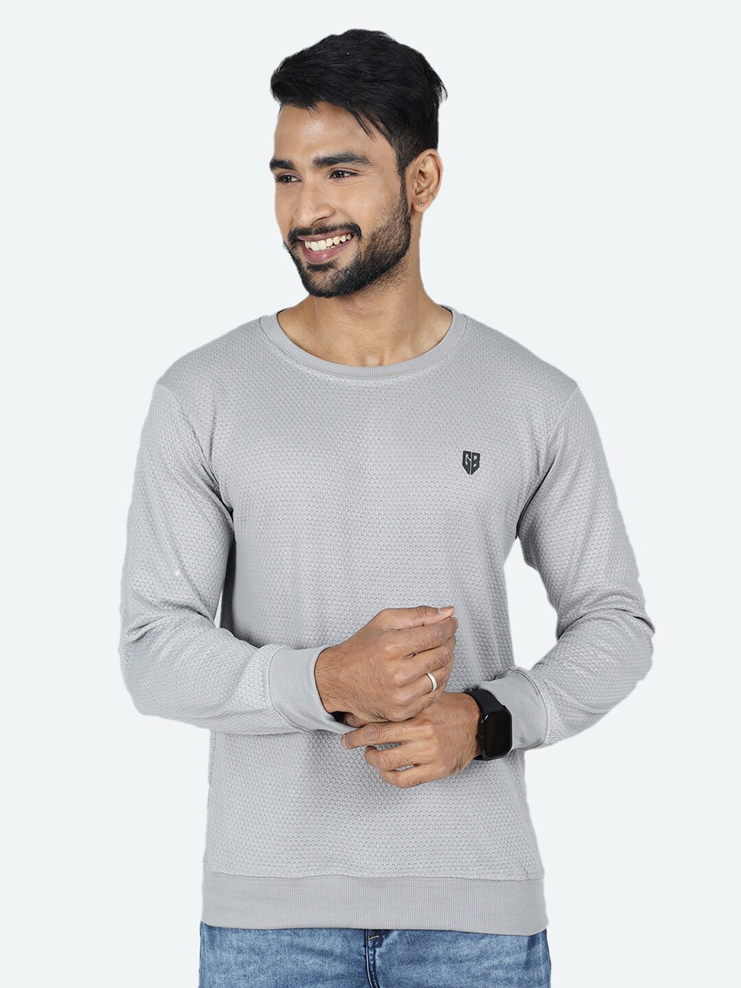 

GAME BEGINS Long Sleeves Pullover Self Design Jacquard Sweater, Grey