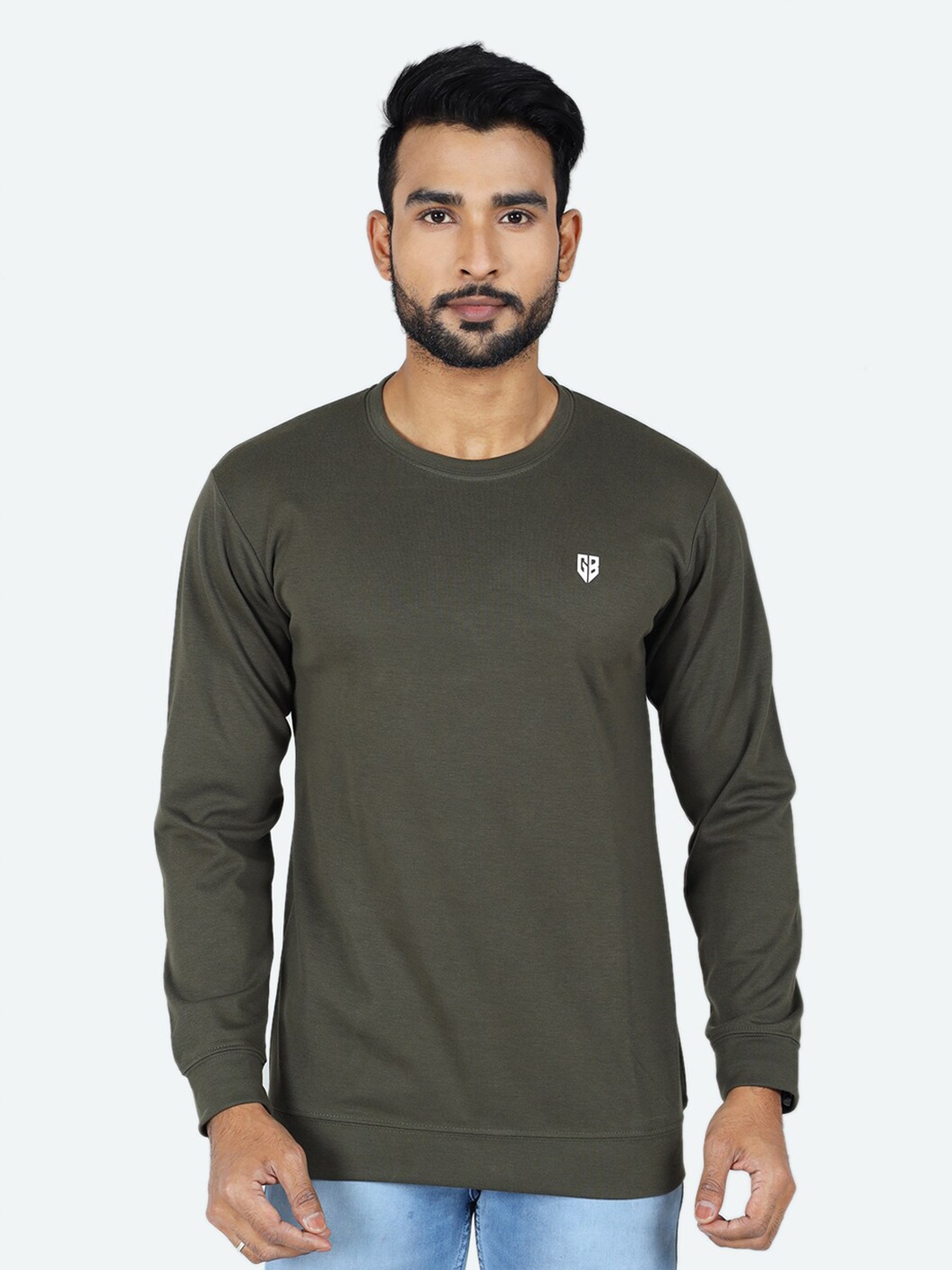 

GAME BEGINS Round Neck Long Sleeves Fleece Pullover Sweatshirt, Olive