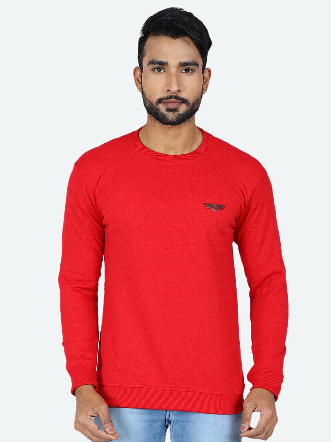 

GAME BEGINS Round Neck Long Sleeves Fleece Pullover Sweatshirt, Red