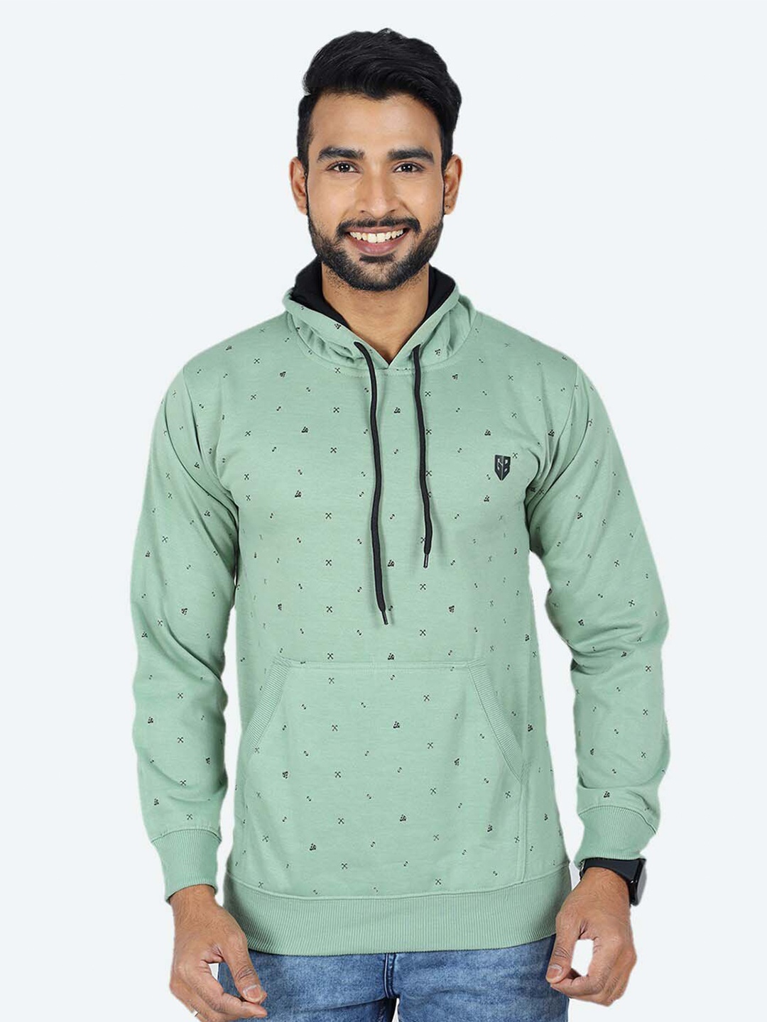

GAME BEGINS Geometric Printed Hooded Fleece Pullover Sweatshirt, Green