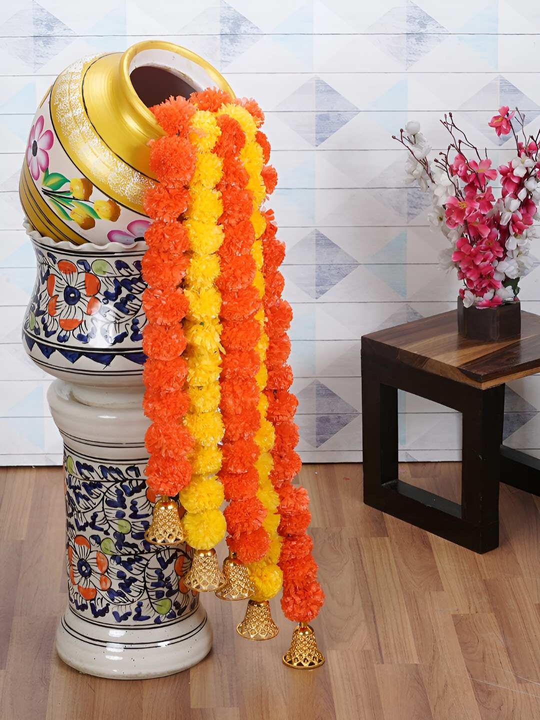 

Dekorly Yellow & Orange 5 Pcs Marigold Artificial Flower with Gold Toned Bells