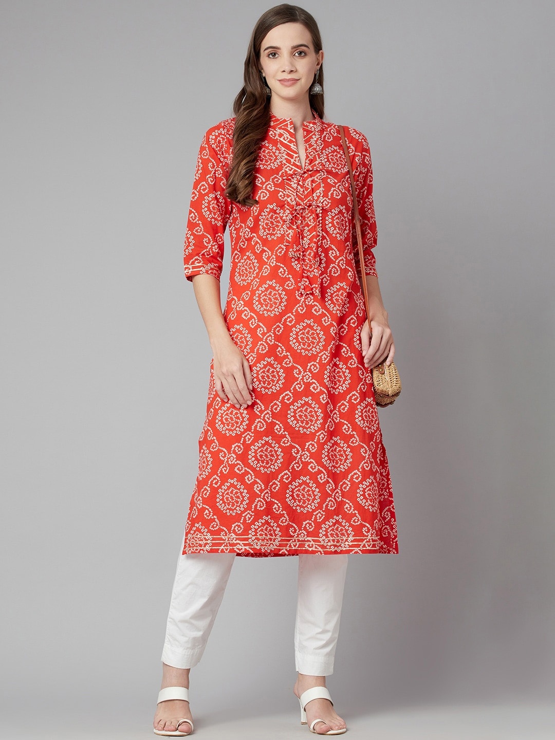 

KALINI Bandhani Printed Gotta Patti Detailed Cotton Straight Kurta, Red