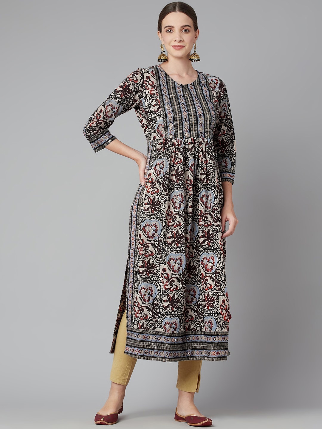 

KALINI Ethnic Motifs Printed Pleated Cotton Kurta, Grey