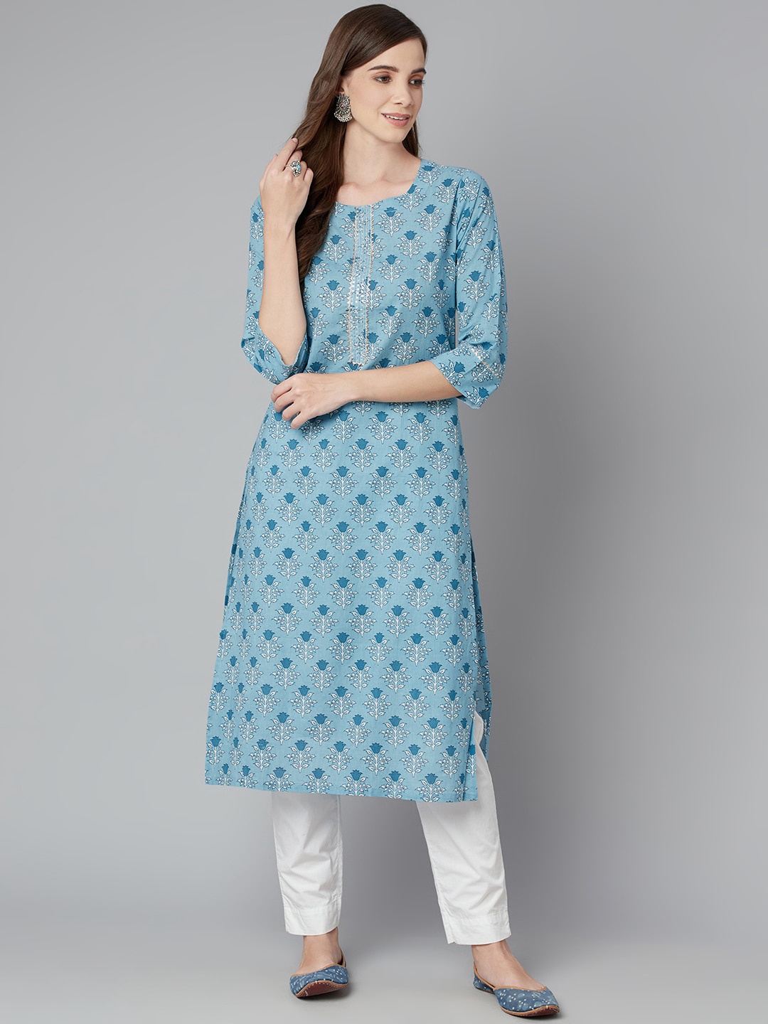 

KALINI Floral Printed Gotta Patti Cotton Straight Kurta, Blue
