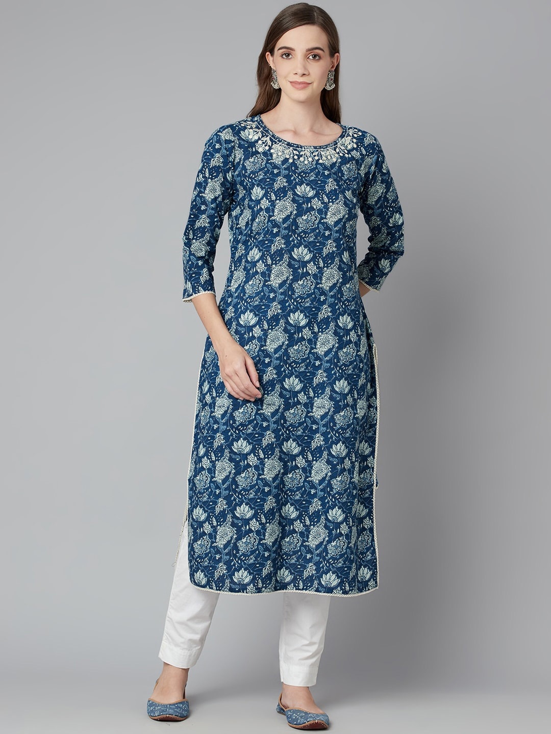 

KALINI Floral Printed Thread Work Cotton Straight Kurta, Blue