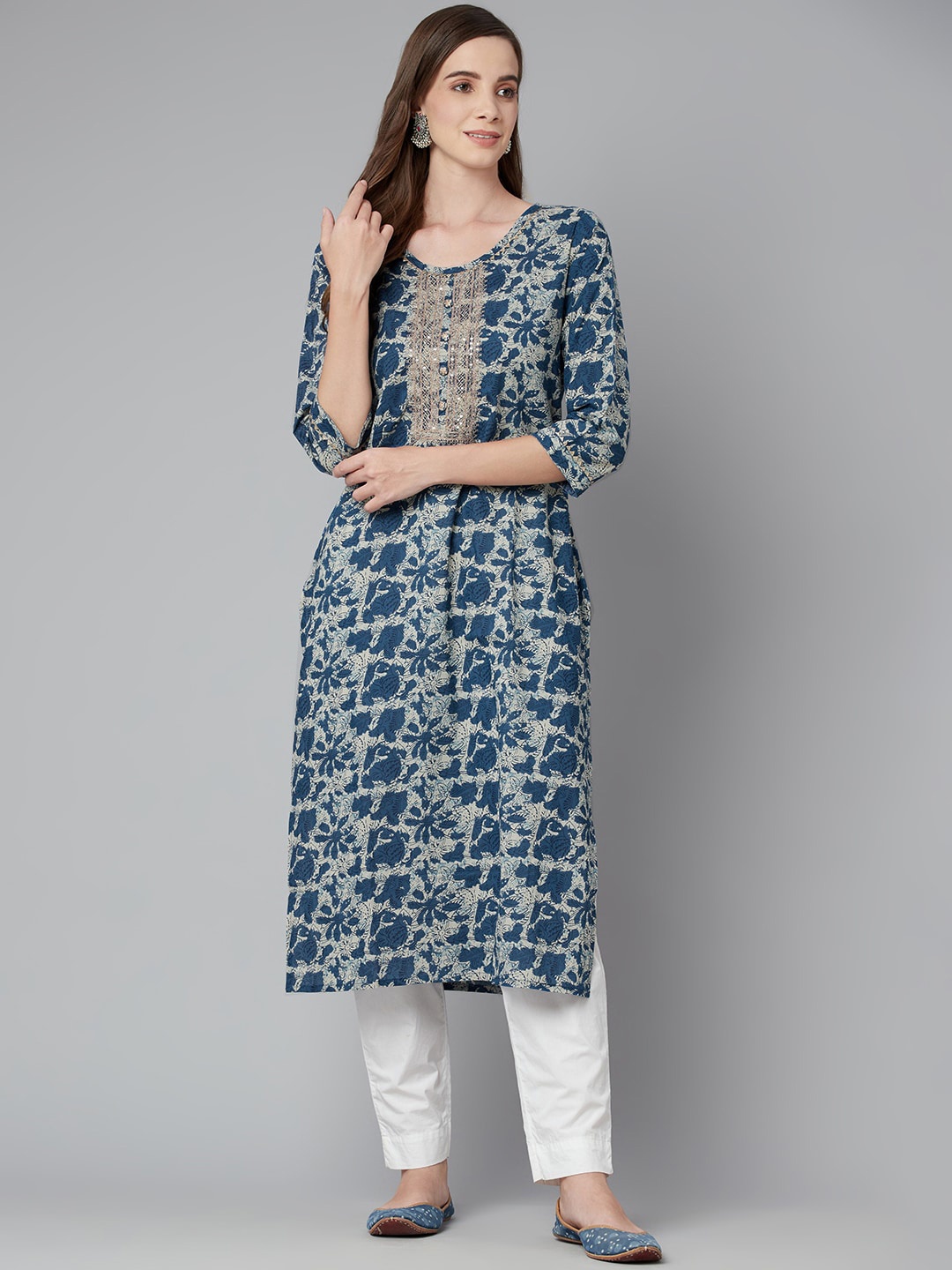 

KALINI Floral Printed Sequinned Cotton Straight Kurta, Blue