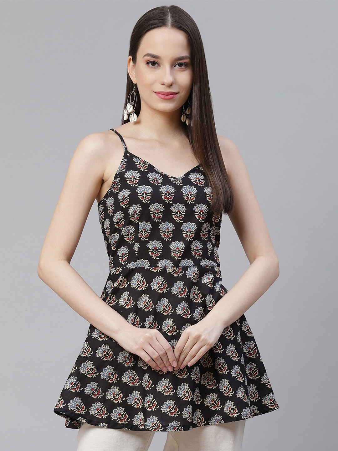 

KALINI Ethnic Motifs Block Printed Shoulder Strap Pure Cotton Top, Black
