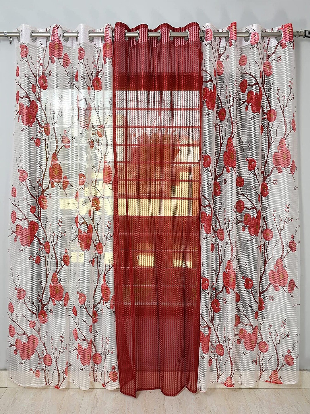 

Aura Maroon & White 3 Pieces Floral Sheer Door Curtains