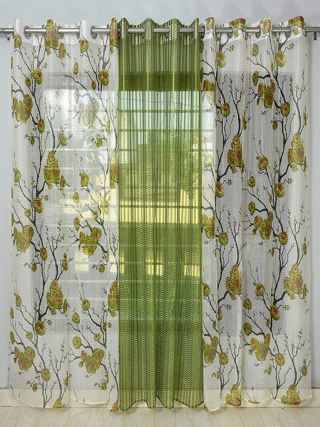 

Aura Green & White 3 Pieces Floral Sheer Window Curtains