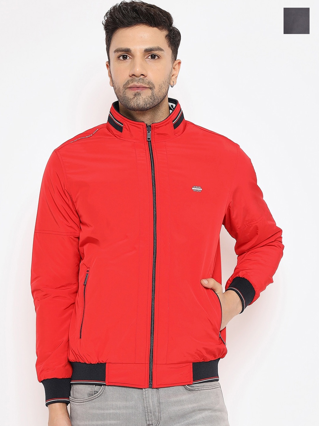 

Okane Stand Collar Reversible Bomber Jacket, Red