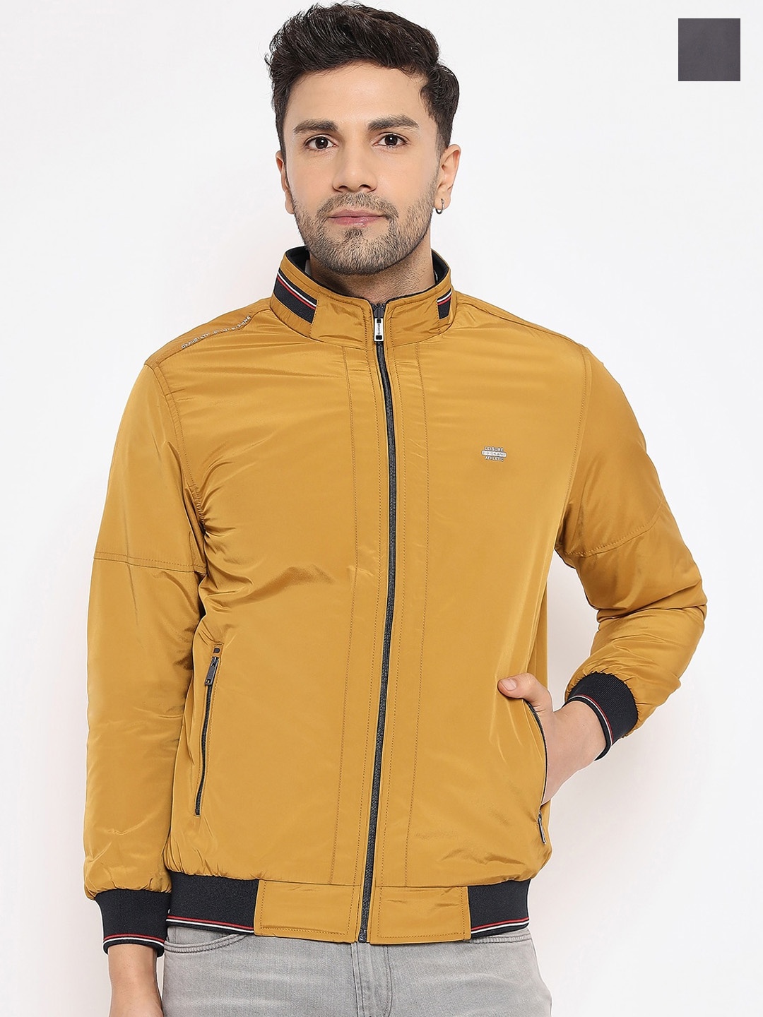 

Okane Stand Collar Reversible Bomber Jacket, Mustard