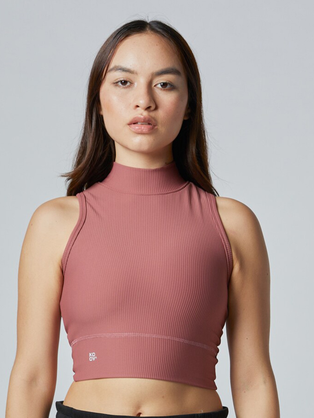 

Koovs Ribbed High Neck Fitted Crop Top, Pink