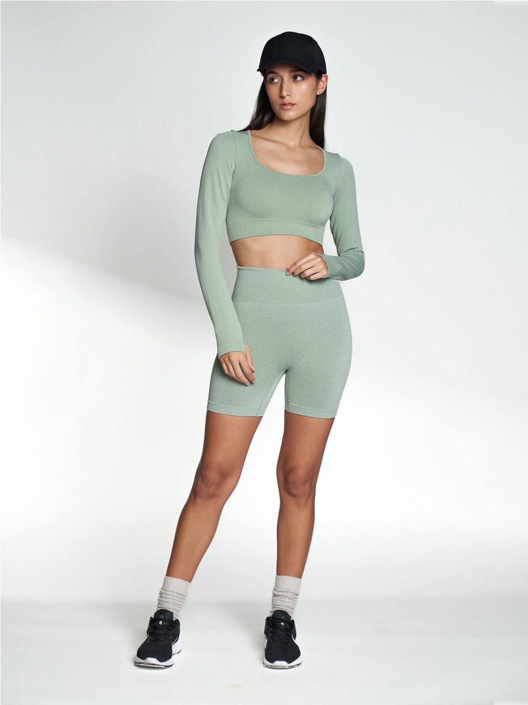 

Koovs Ribbed Square Neck Long Sleeves Sports Crop Fitted Top, Sea green
