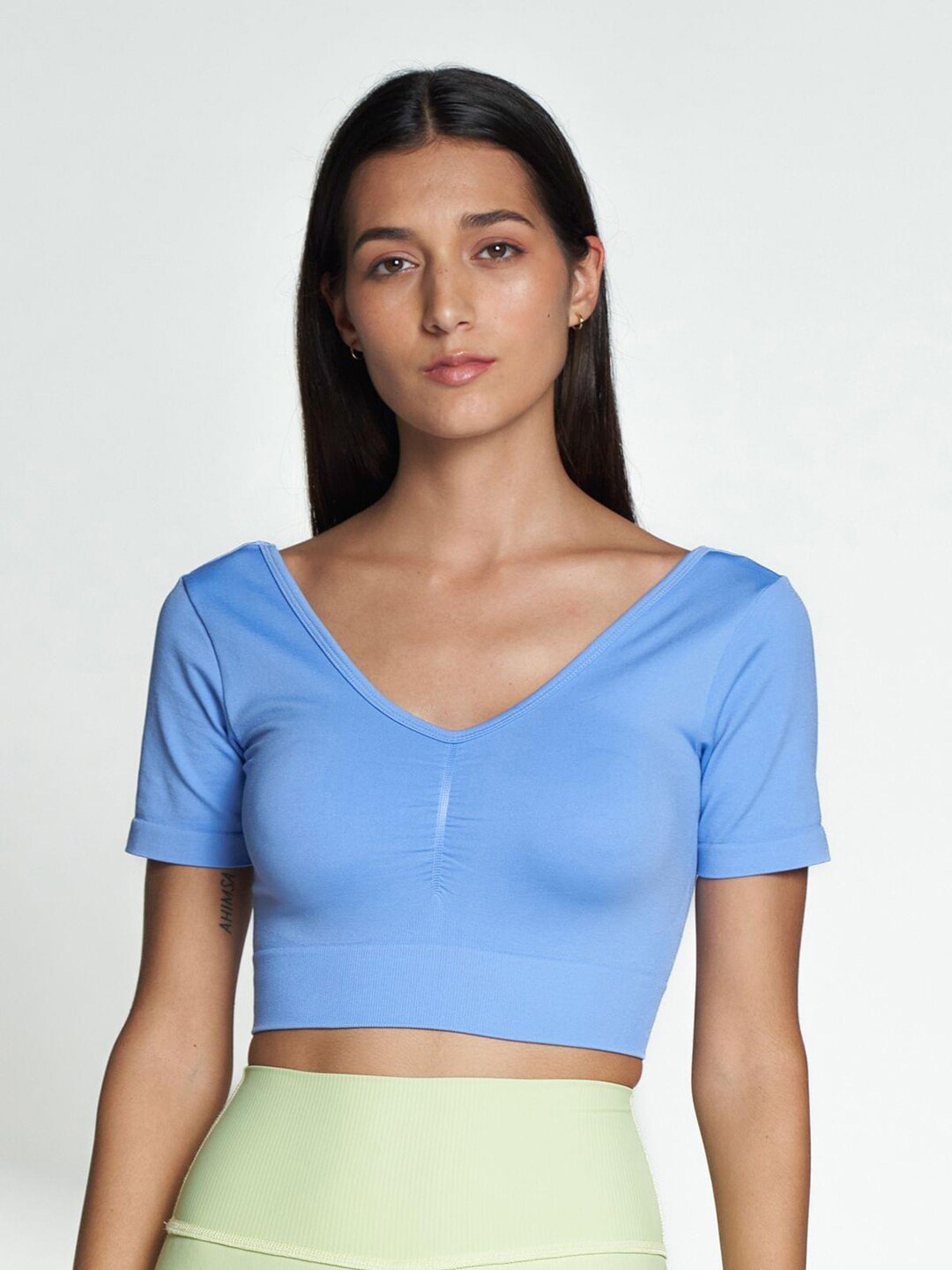 

Koovs V-Neck Ruched Fitted Crop Top, Blue