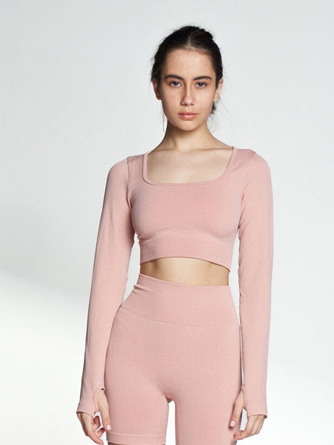 

Koovs Square Neck Fitted Sports Crop Top, Pink