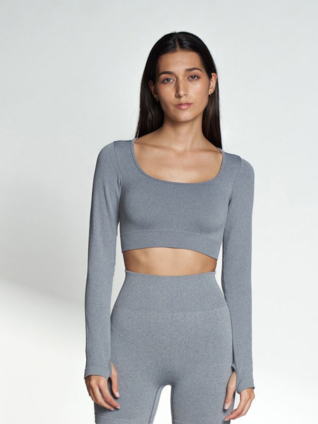 

Koovs Square Neck Fitted Sports Crop Top, Grey