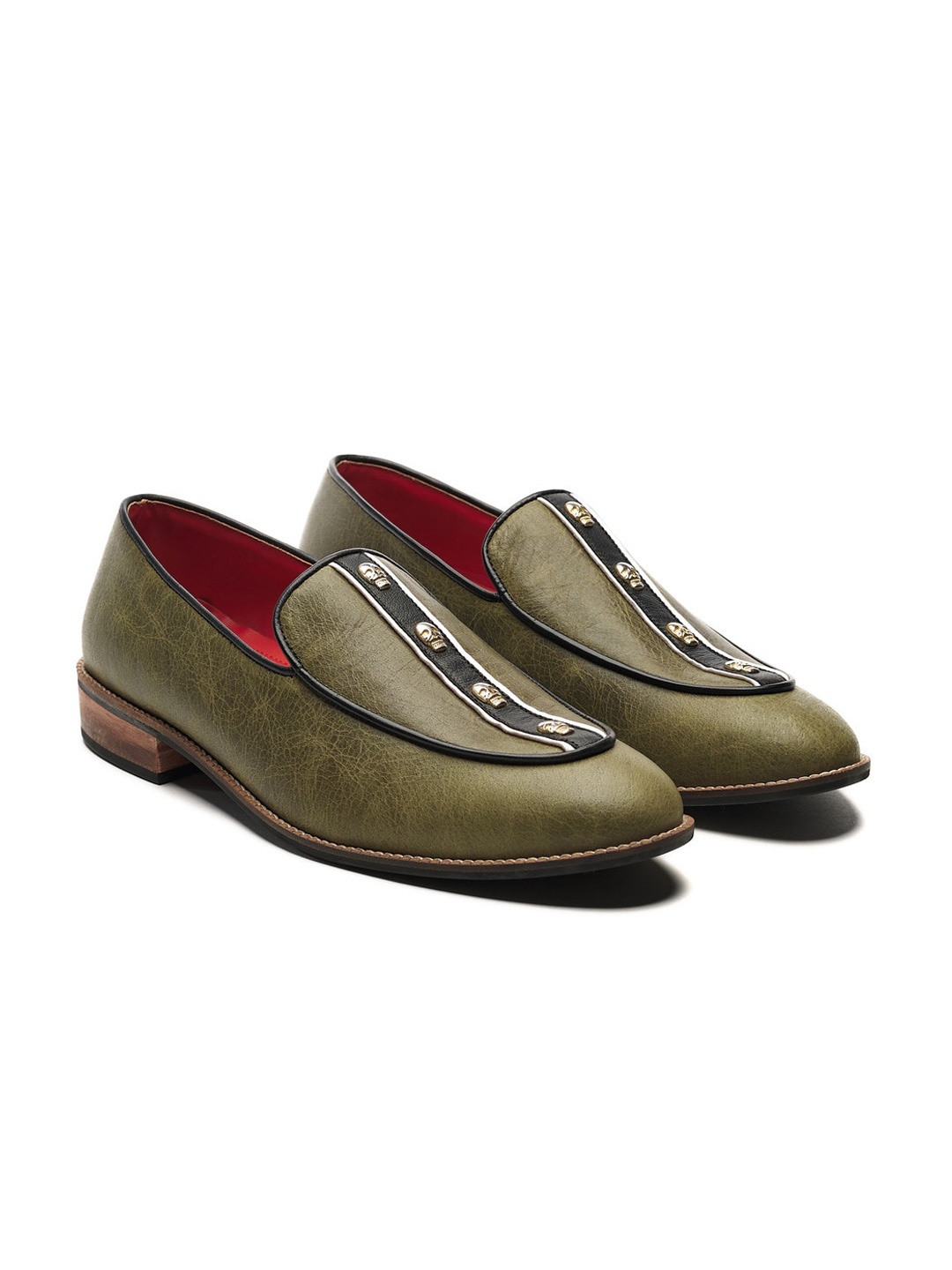 

Banjaaran Studio Men Cranium Embellished Leather Loafers, Olive